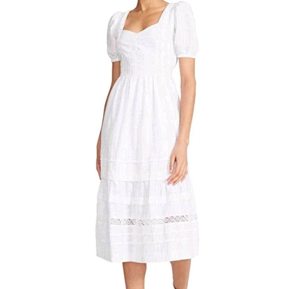 Betsey Johnson White Speckled Tiered Puff Sleeve Dress Midi Large Lined